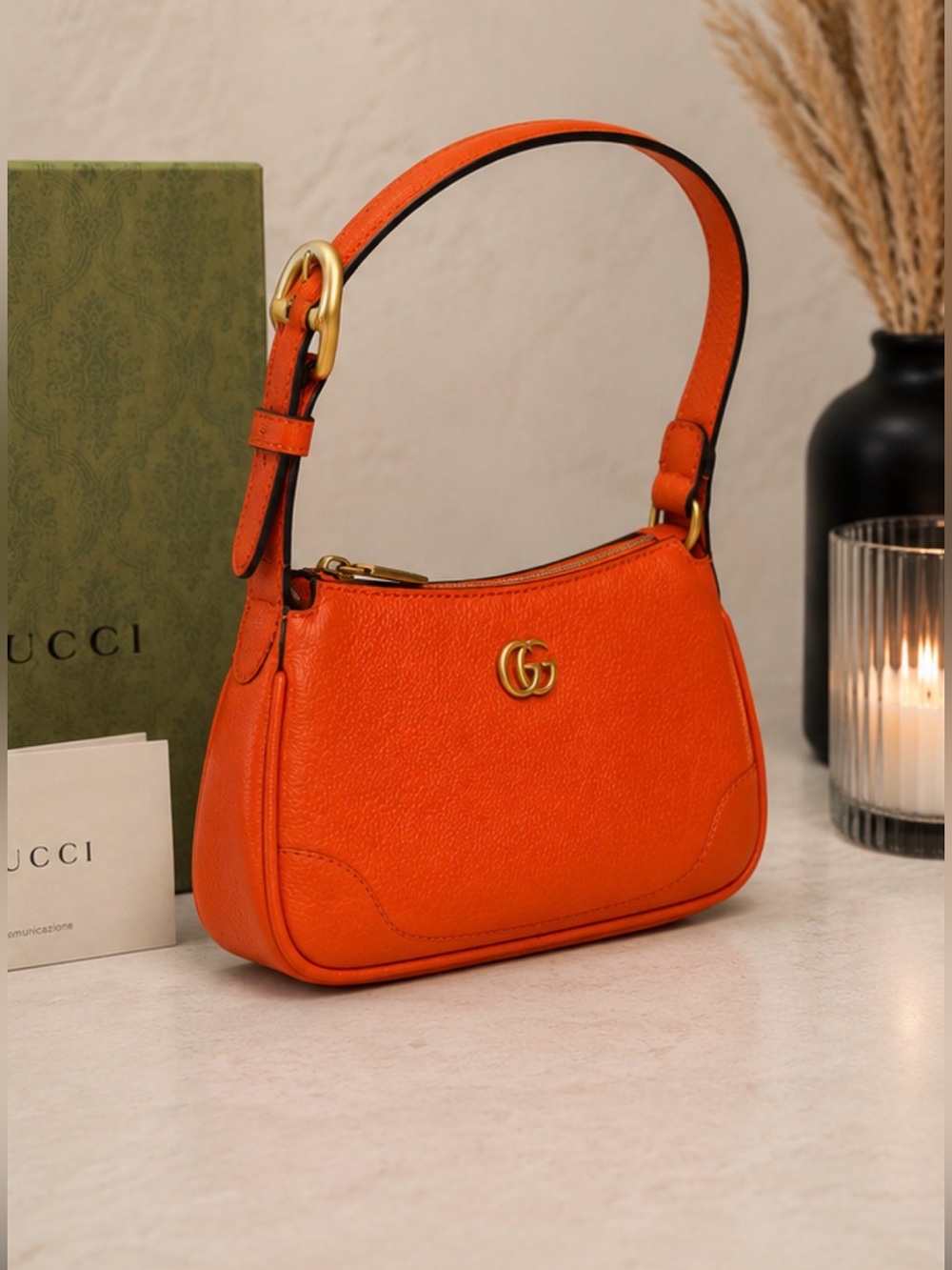 Gucci Orange Pebbled Leather Mini Shoulder Bag🍊NWTs GG Gold Hardware - Full Set - Picture 2 of 12